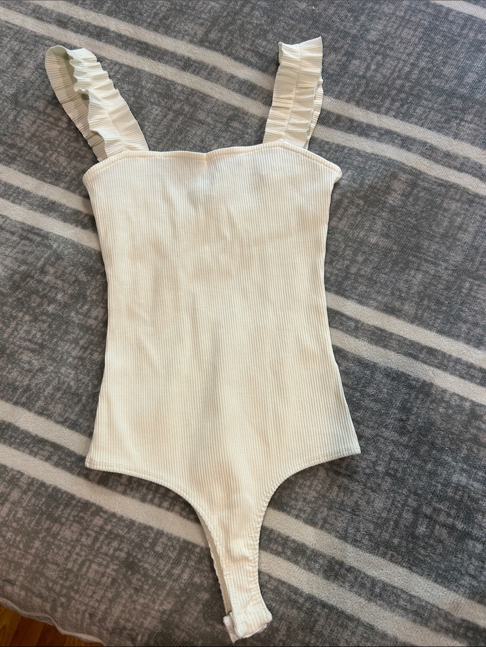 Ribbed Cream Girls One-Piece body suit  with Ruffle Straps